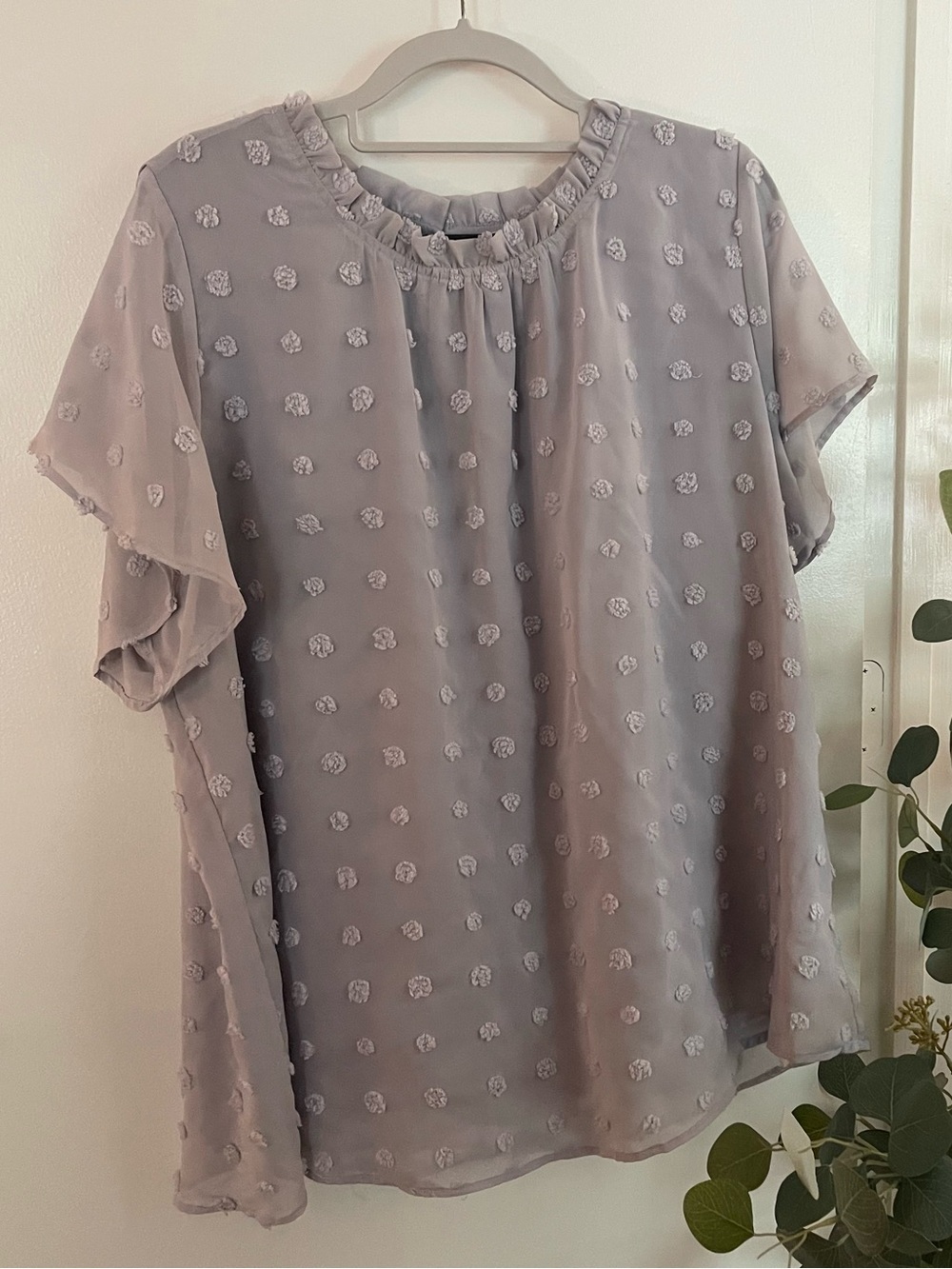 Chic Soul Dusty Lavender Swiss Dot Ruffle Neck Blouse